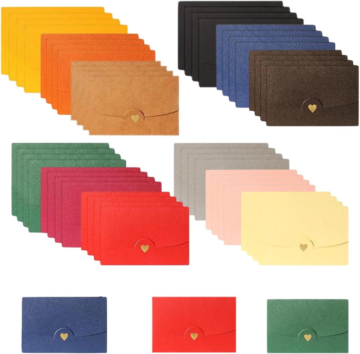 36 stuks 10,5 x 7 cm enveloppen, kleine wenskaartenvelop, mini-enveloppen met hartsluiting, uitnodiging, verjaardagskaarten, bedankkaarten, kerstkaarten (12 kleuren)