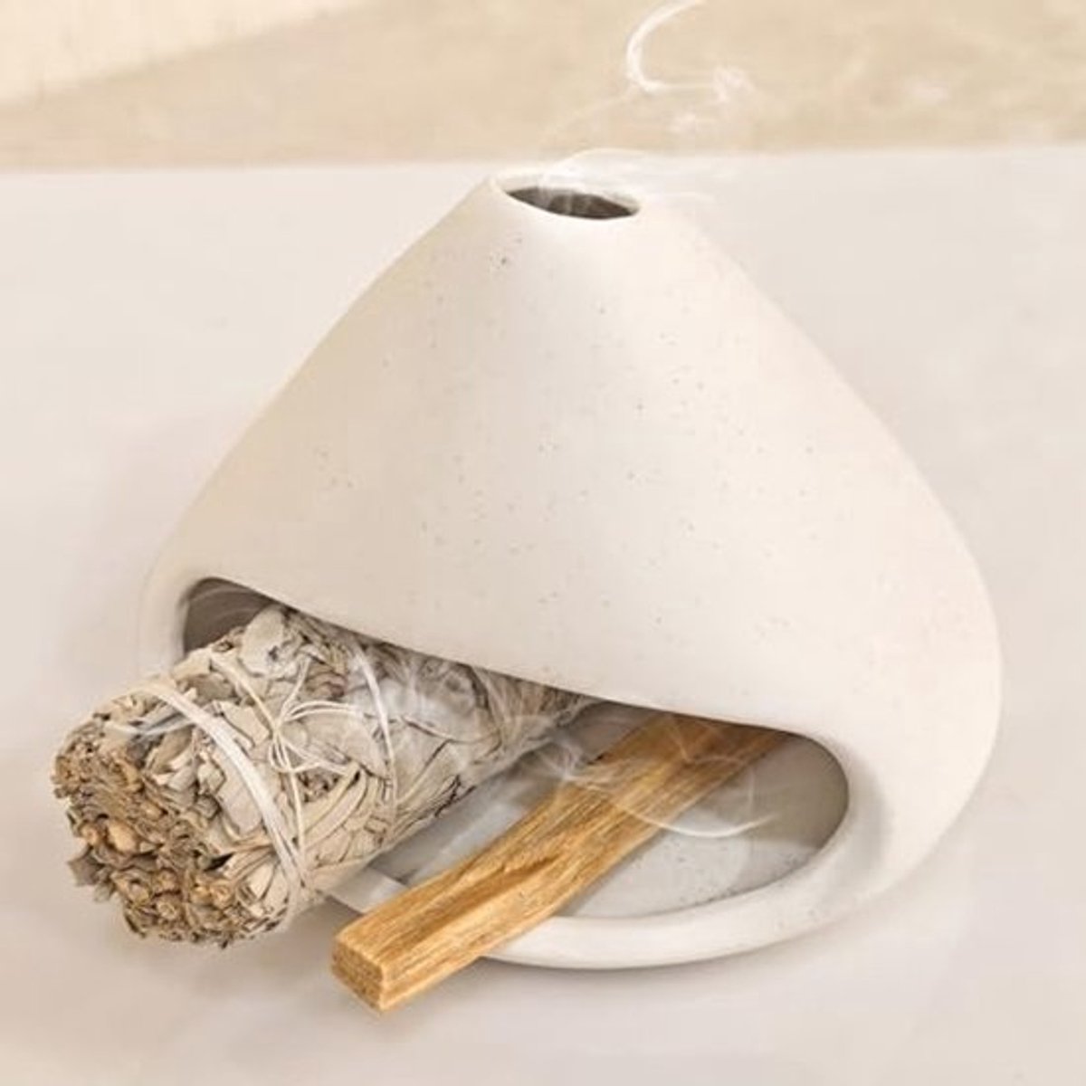 Palo Santo Houder voor Wierook en Meditatie - Houtskool Bakhoor Brander en Ash Catcher - Smudge Bowl en Salie Houder in Wit