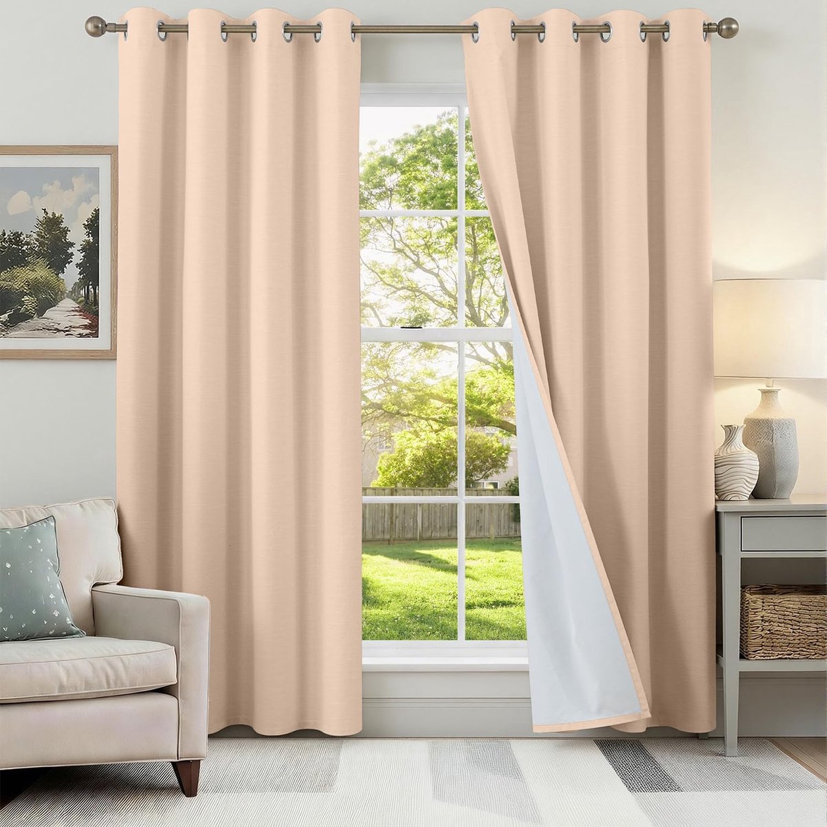 100% gordijnen, ondoorzichtig, linnenlook, gordijnen met inslagringen, linnen, set van 2, h 230 x b 120, thermogordijn, hittebescherming, akoestisch, perzikroze, geluidswerend gordijn voor