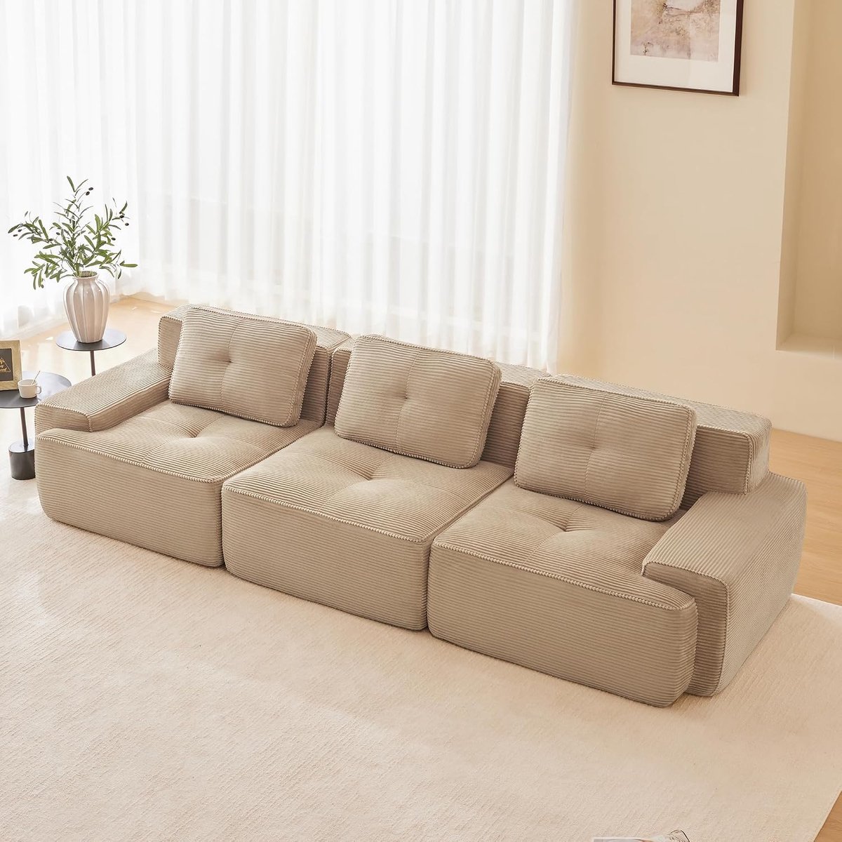 Cordstoffen bank 3-zits – Couch Coud vrij combineerbare bank zonder montage, moderne woonkamer bank beige 3-zits (beige, 3S)