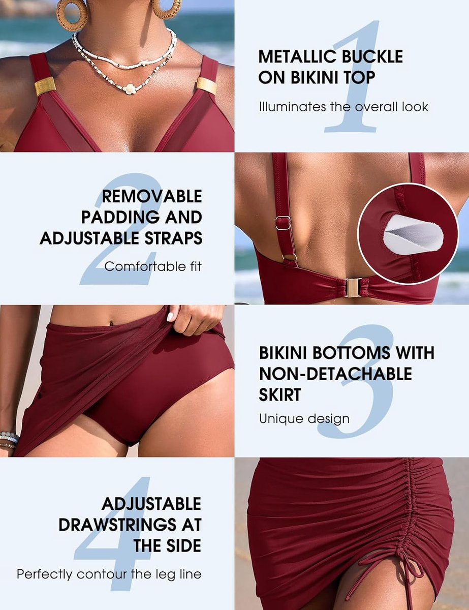 Badpak voor dames, bikini, strand, push-up curvy, sexy beachwear, rok-bikiniset met metalen gesp