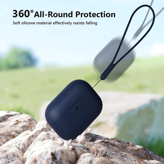 Hoesje compatibel met AirPods Pro 3 hoesje, schokbestendig, valbescherming, krasbestendig siliconen hoesje voor AirPods Pro 3e generatie met reinigingsset en koord, blauw (Midnight Blue) — afbeelding 3