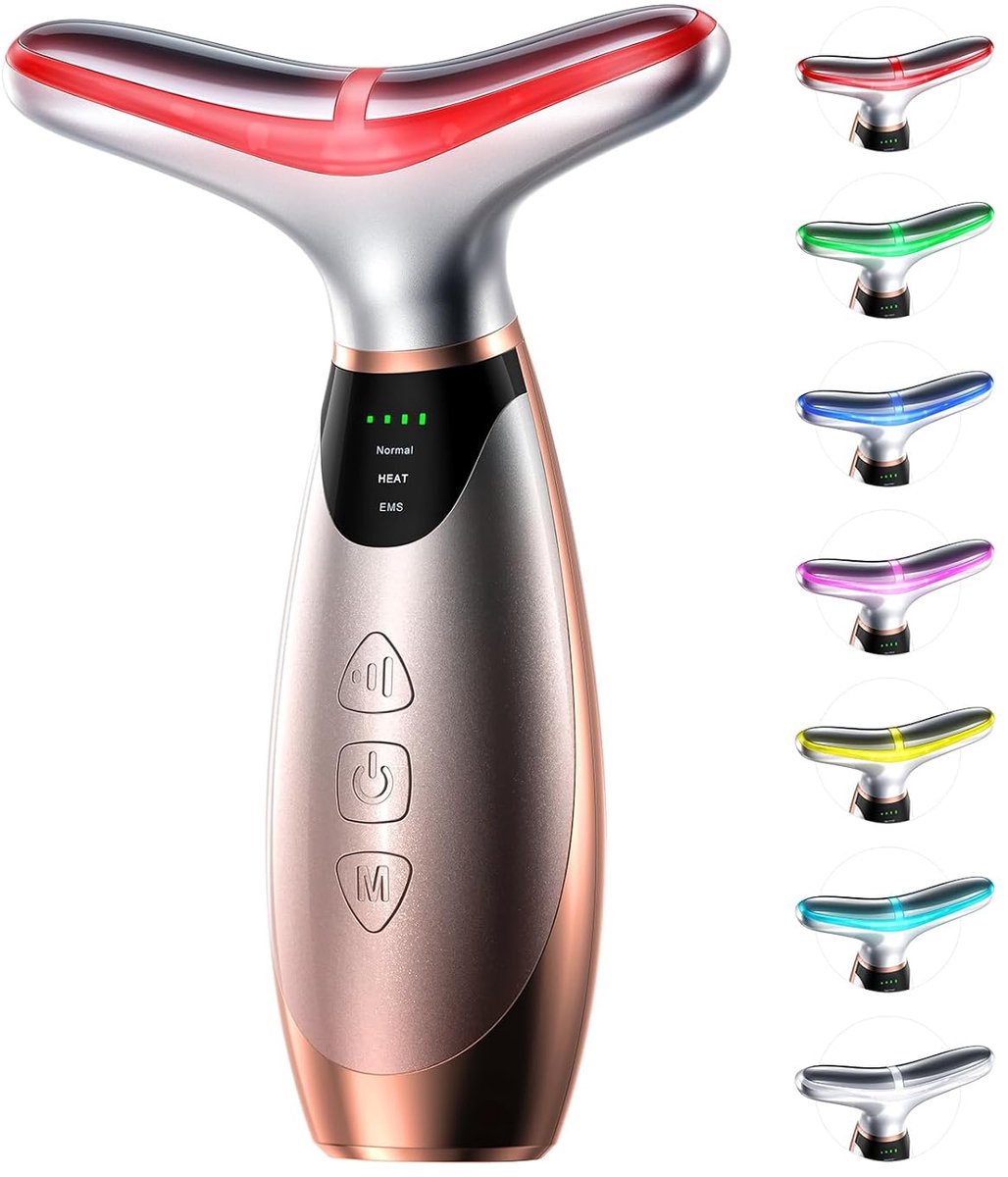 Gezichtsmassageapparaat, rodelichttherapie (7 kleuren) voor gezicht en hals, facelift-apparaat met verwarming (45°C) en vibratie voor veelzijdige huidverzorging (zilver)