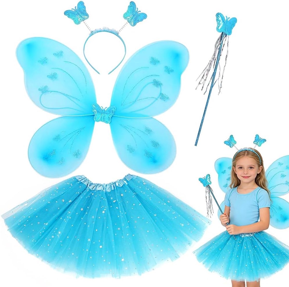 Kostuum Feeënvlindervleugels Engel Prinsessenkostuum met meisjesvlindertjes Hoofdband Pofrok Verkleedset voor Halloween Verjaardag Kerstfeest Blauw