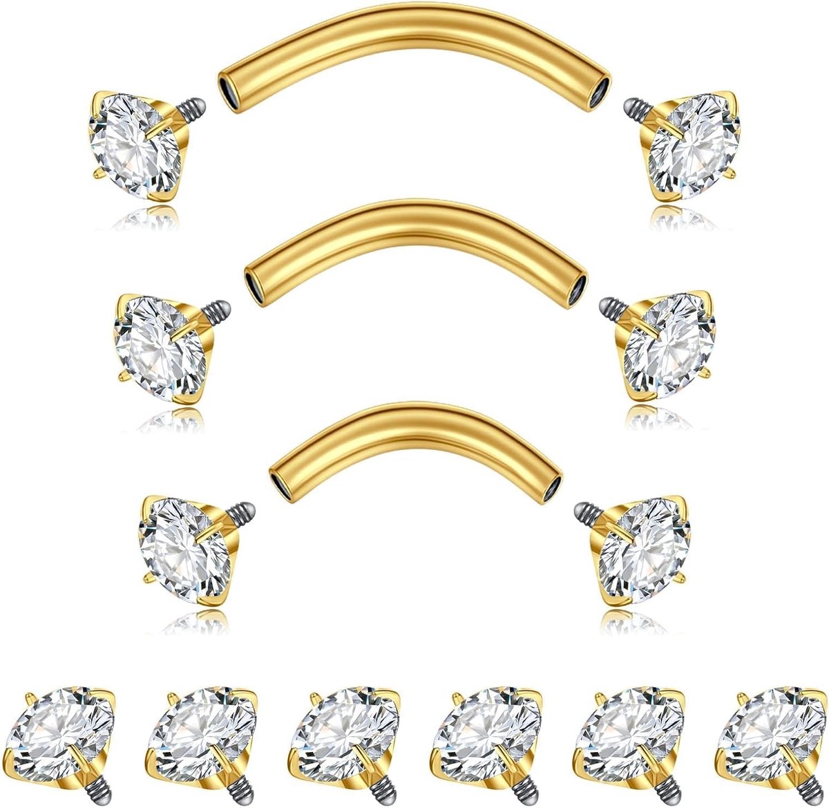 3 stuks wenkbrauwpiercingset 16G chirurgisch staal gebogen barbell 6/8/10 mm rook piercing sieraden met zirkonia & 6 reserveonderdelen voor Daith Helix Vertical Labret Lip Piercing - zilver/goud