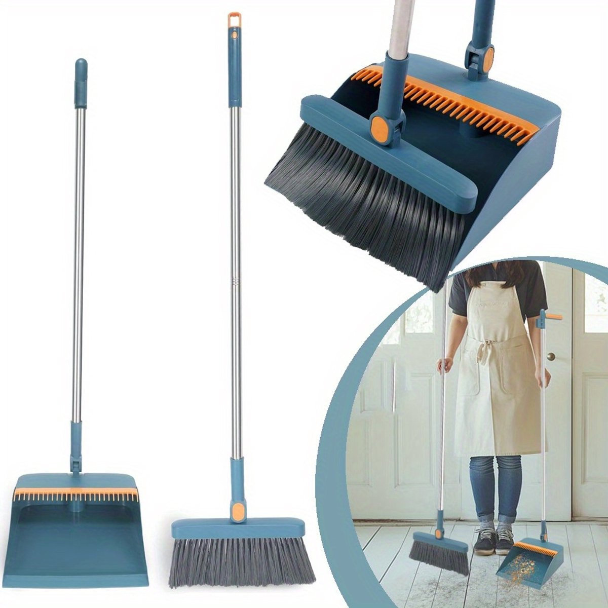 Veger en Blik Set met 180° Draaibare Koppeling - Verstelbare Roestvrijstalen Steel 95-125cm - Stoffer met Rubberen Rand & Kam voor Haarverwijdering - Donkerblauw