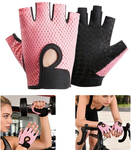 Roze fitnesshandschoenen met halve vingers, zwart met textuur op de handpalm en gaas aan de bovenkant.