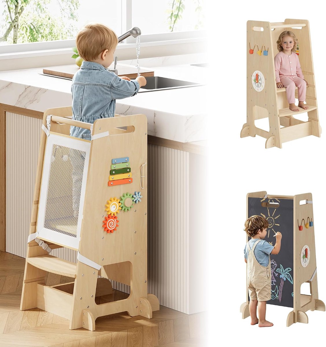Hogeverstelbare leertoren voor kinderen - naturel hout - met krijtbord, tandwielen en veiligheidsnet - antislip-treden