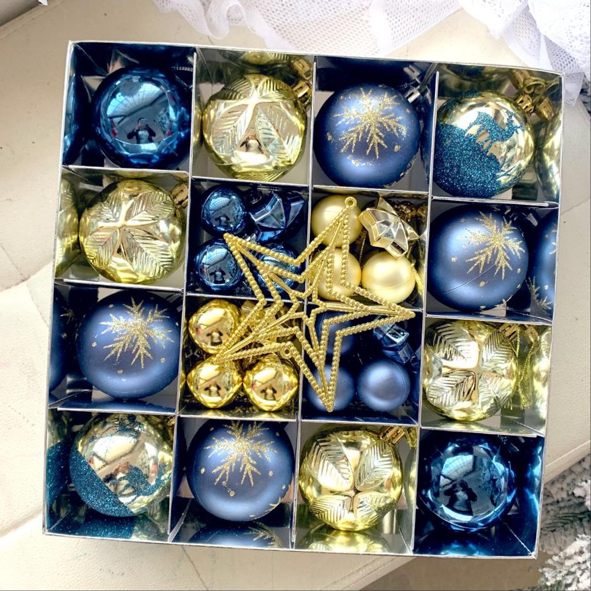 Kerstballen Set 45 Stuks – Blauw & Goud – Kerstballen en Sterren Kersthangers – Kunststof Kerstboomversiering – Diverse Maten