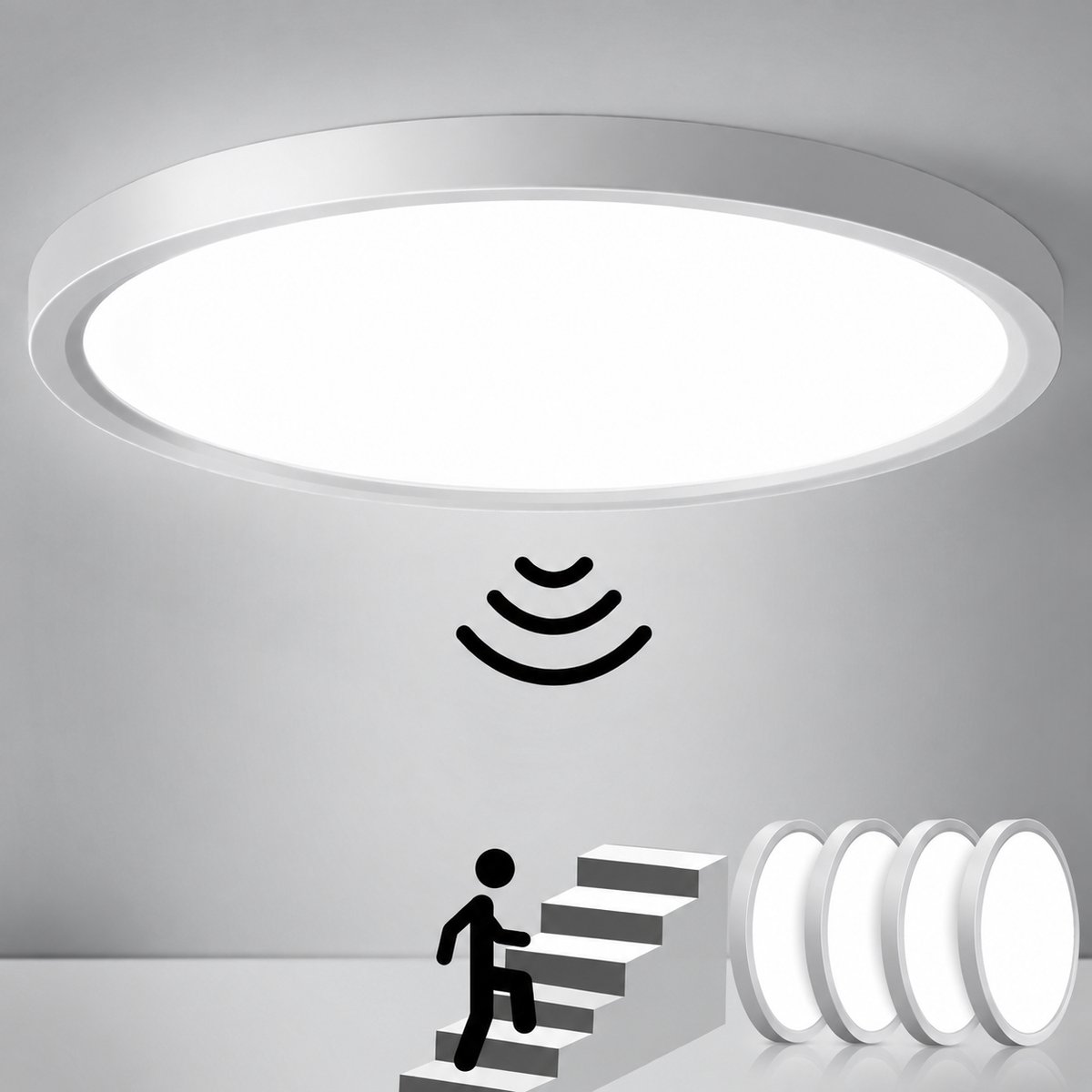 LOVHAUS 4x Ronde LED Plafonnière 24W – 4000K – Met Radarsensor voor Gang, Trap en Berging