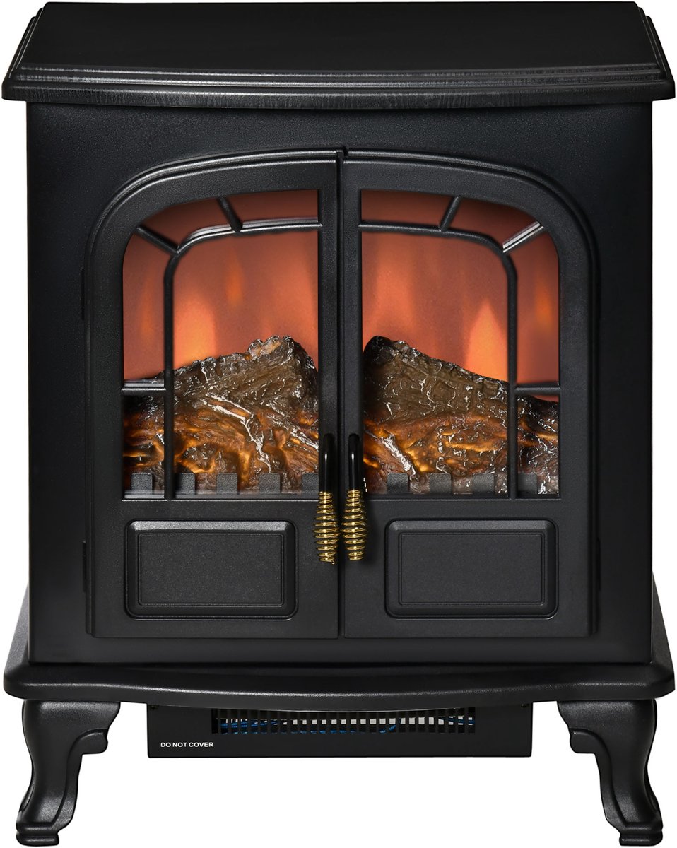 Elektrische sfeerhaard retro - Zwarte elektrische kachel - Vrijstaande haard - 2 deuren - 1000W/2000W verwarming - Voor woonkamer - Zwart
