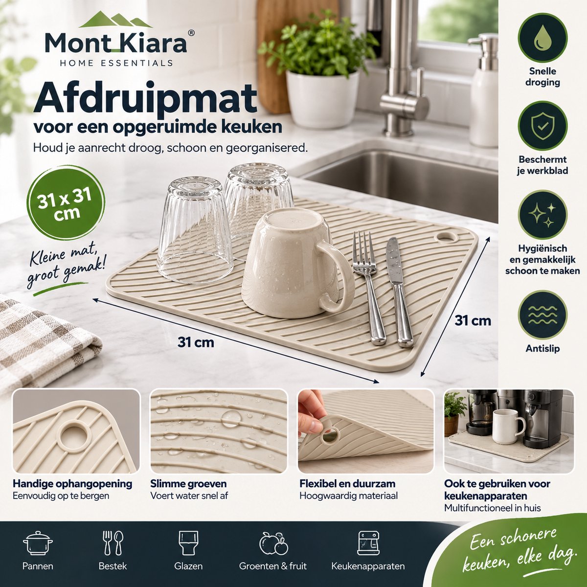 Mont Kiara Premium Gootsteenmat 31x31 cm – Antislip Spoelbakmat – Wit