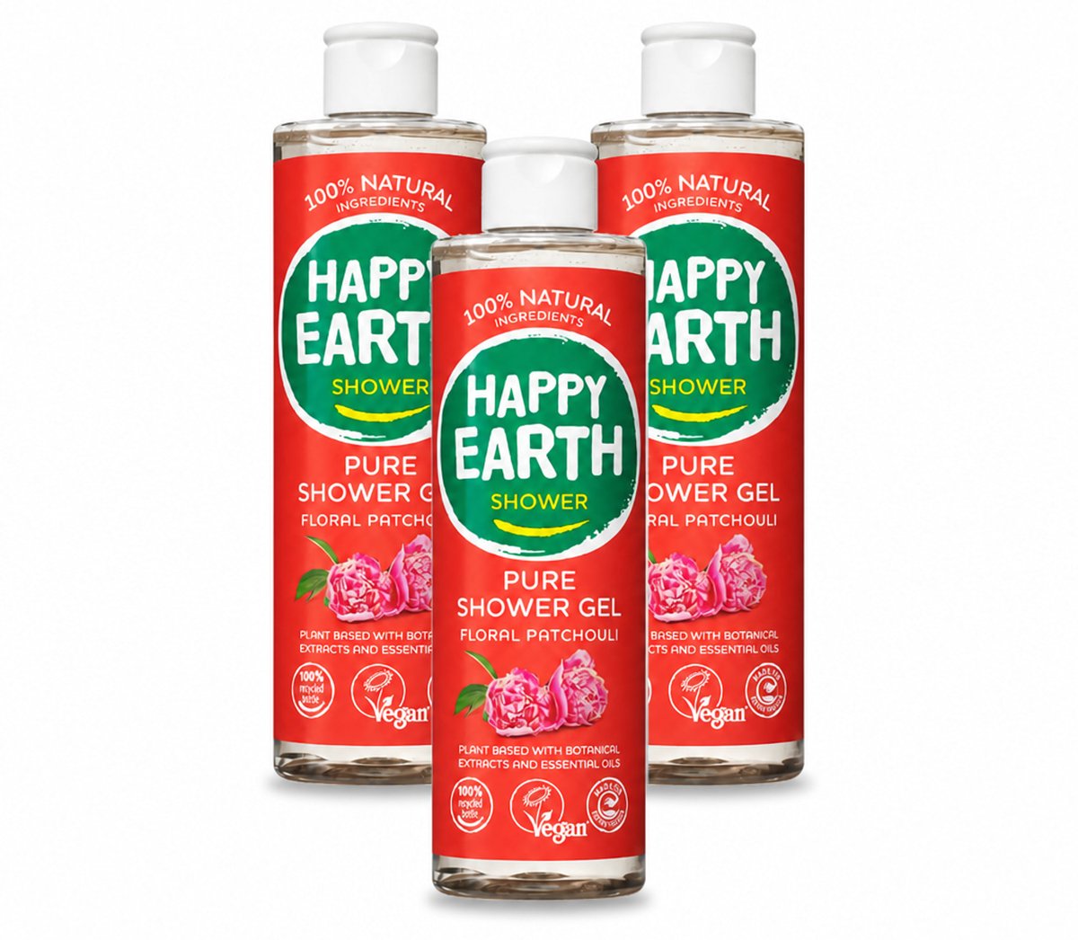 3 x Happy Earth – Douchegel – 100% Natuurlijk Floral Patchouli – 300 ml - Voordeelverpakking - 3 stuks