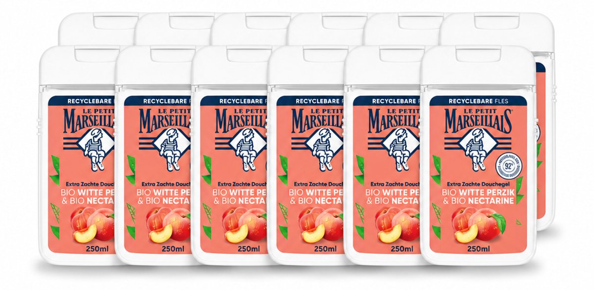 12 x Le Petit Marseillais – Douchegel – Bio Perzik & Nectarine – Verfrissend – 250 ml - Voordeelverpakking - 12 stuks