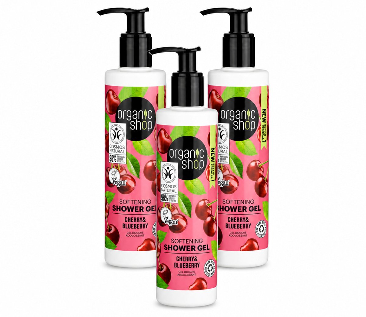 3 x Organic Shop - Douchegel Cherry & Blueberry - Verfrissend en Hydraterend - 280 ml - Voordeelverpakking - 3 stuks