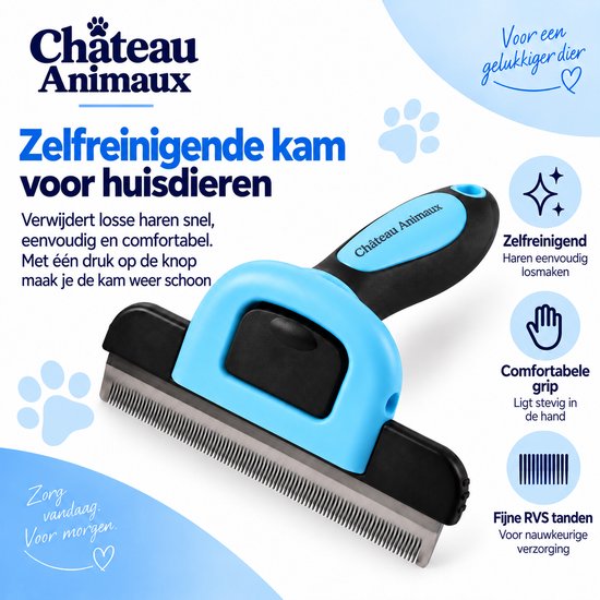 Blauwe en zwarte zelfreinigende kam voor huisdieren met fijne RVS tanden en comfortabele grip.