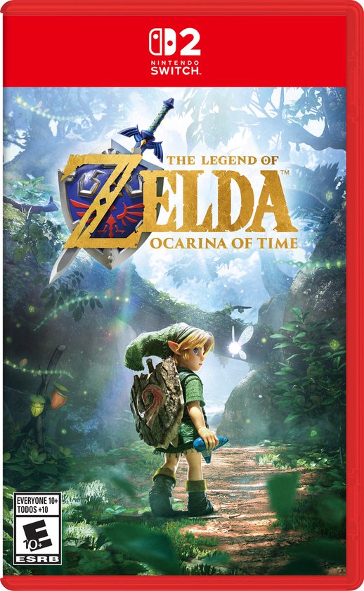 De hoes van 'The Legend of Zelda: Ocarina of Time' voor Nintendo Switch, met Link en een boslandschap.