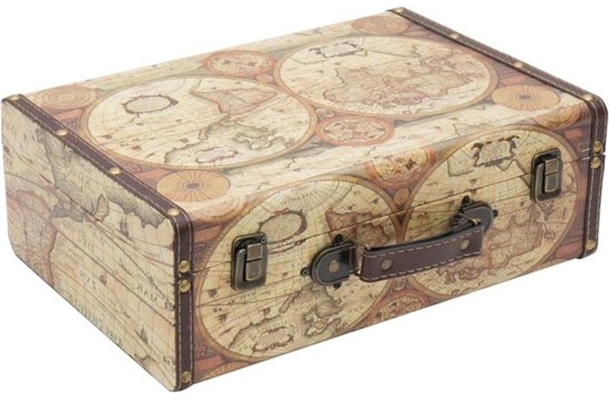 Vintage Houten Decoratieve Koffer, Opbergdoos met Deksel en Leren Handvat, Stijlvolle Opbergoplossing voor Verjaardag of Bruiloft, Wereldkaart Kleur, 38 x 26 x 13 cm, Uniek Cadeau Idee