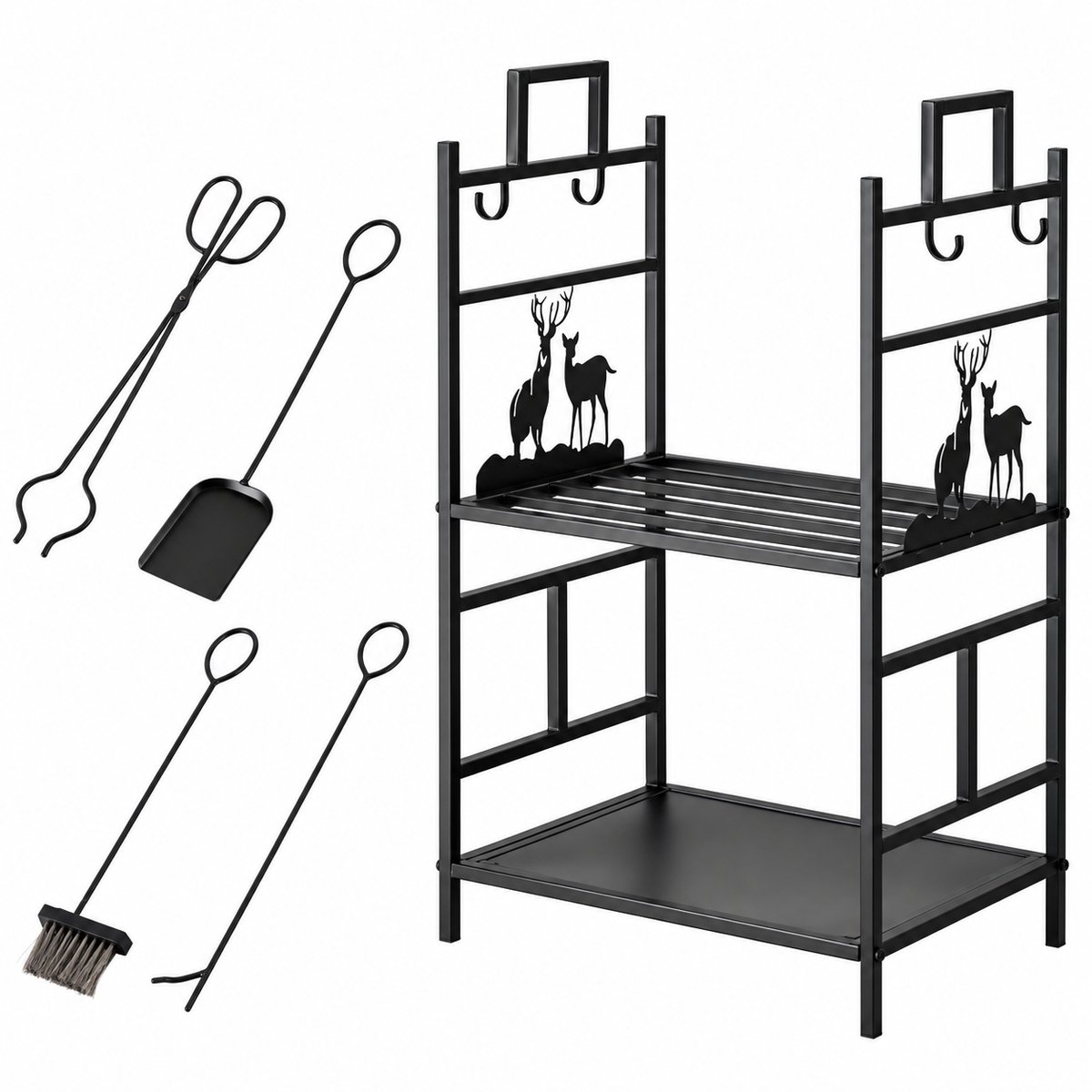 Sello! brandhoutrek – houtrek – houtopslag – twee opberglagen – inclusief schep, bezem, pook en tang – 51,5 × 33 × 77 cm – zwart