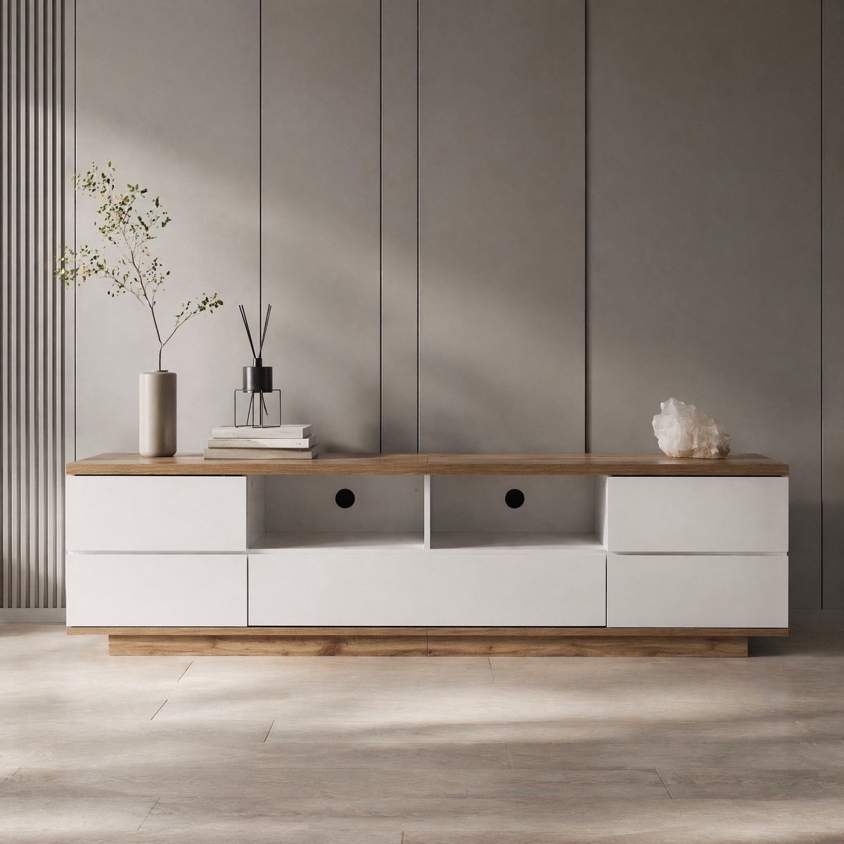 MEUNIQ TV-meubel 180 cm met 5 deuren, 2 open vakken, verborgen grepen en draagvermogen van 50 kg, wit en houtkleurig MDF voor de woonkamer