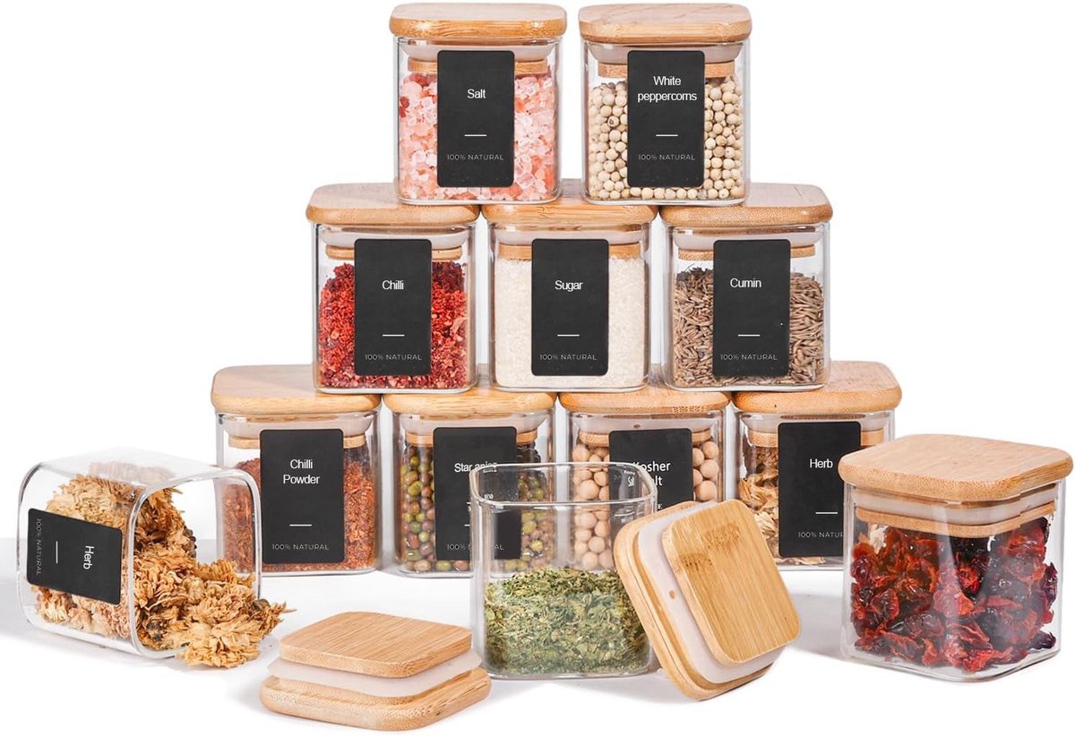Glazen potjes met deksel - Vierkant - 120 ml x 12 - Glas met Bamboe Deksel - Voor Keuken en Kruidenopslag