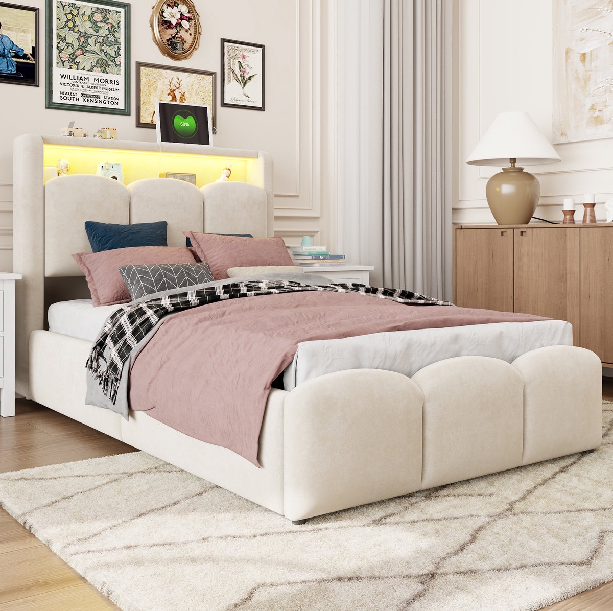 MODENUIT Gestoffeerd Bed – Hydraulische Opbergruimte – 90 x 200 cm – Stof – Beige – USB en Type-C – LED – Kinderkamer