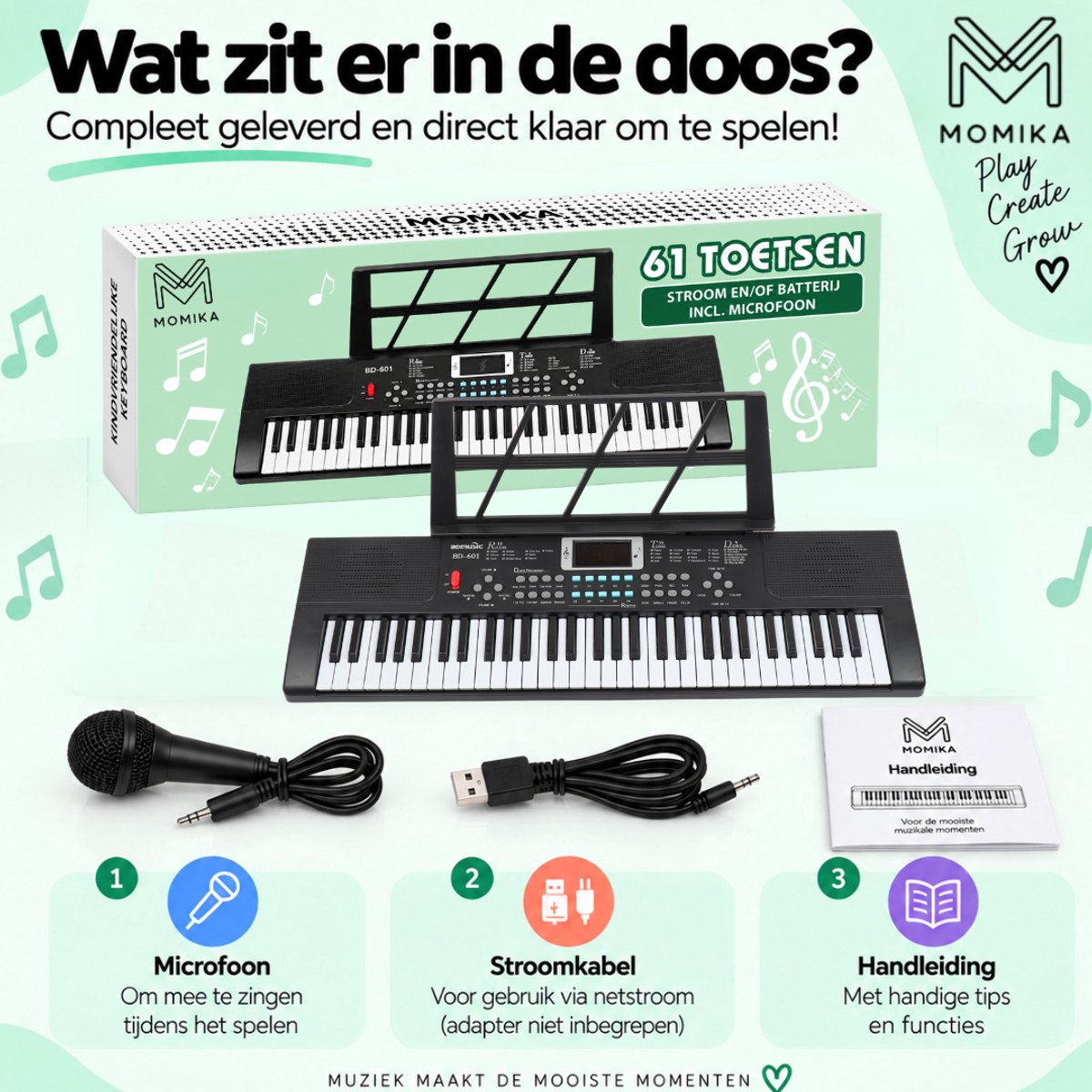 MoMiKa Kindvriendelijk Keyboard Piano voor Kinderen – Kinderkeyboard met 61 Toetsen – Microfoon – Beginners Keyboard – Stroom & Batterij — cadeau in Spellen & Speelgoed - foto 6