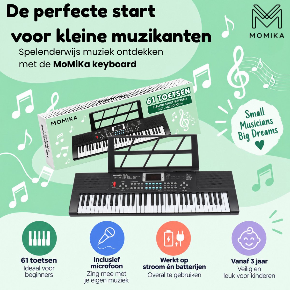 MoMiKa Kindvriendelijk Keyboard Piano voor Kinderen – Kinderkeyboard met 61 Toetsen – Microfoon – Beginners Keyboard – Stroom & Batterij — cadeau in Spellen & Speelgoed - foto 2