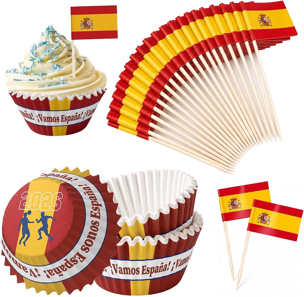 200P Spaanse cupcake en tandvlag, kleuren van de Spaanse vlag, mini-tandkuur, taartvormpjes in zwart, rood en goud, ideaal voor het WK, voetbalfeest