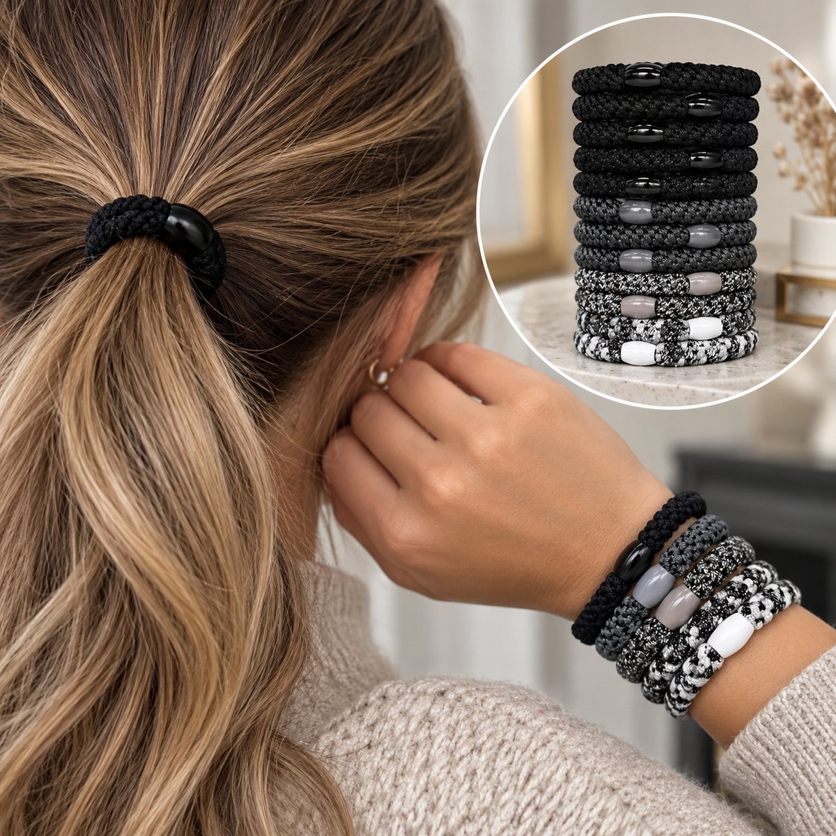 15 x Knekkie Haarelastiekjes met Kraaltje – Gevlochten Elastiek & Armband - Zwarte Stijl — cadeau in Mode & Accessoires - foto 2
