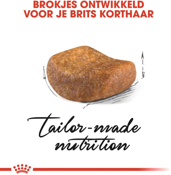 Grote, bruine brokjes kattenvoer, op een witte achtergrond. 'Tailor-made nutrition'.