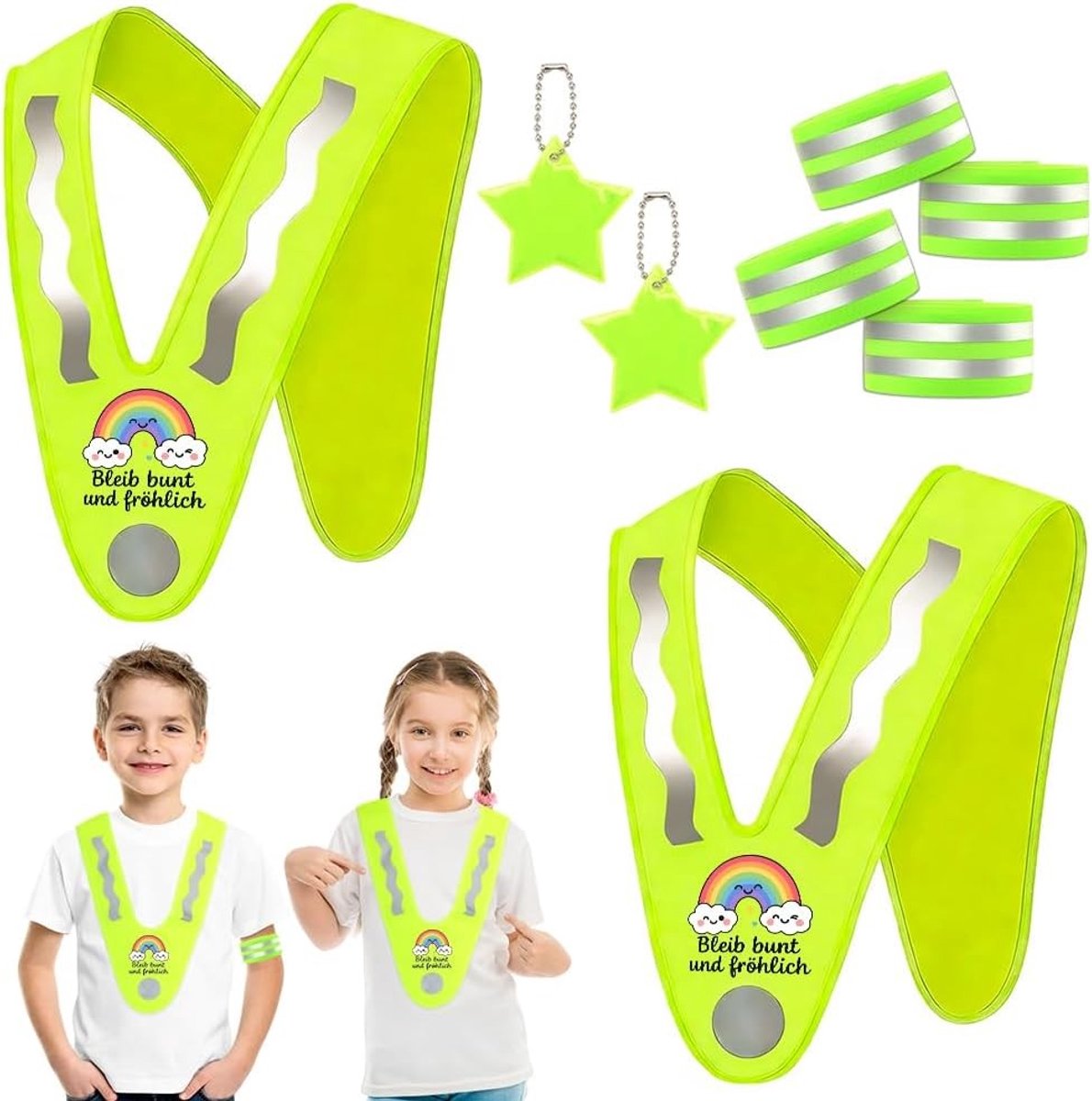 Reflectorenset met V-vormige veiligheidshesjes, kleurrijke regenboogpatroon, reflectorbanden en sterhangers voor kinderen, perfect voor school, fietsen en kamperen