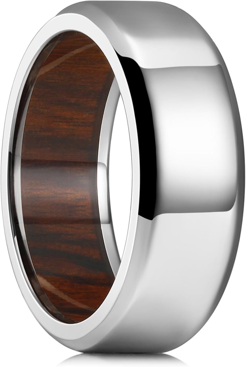 Will NATURE 8mm zwart/zilver titanium ring met houten inleg trouwring voor mannen
