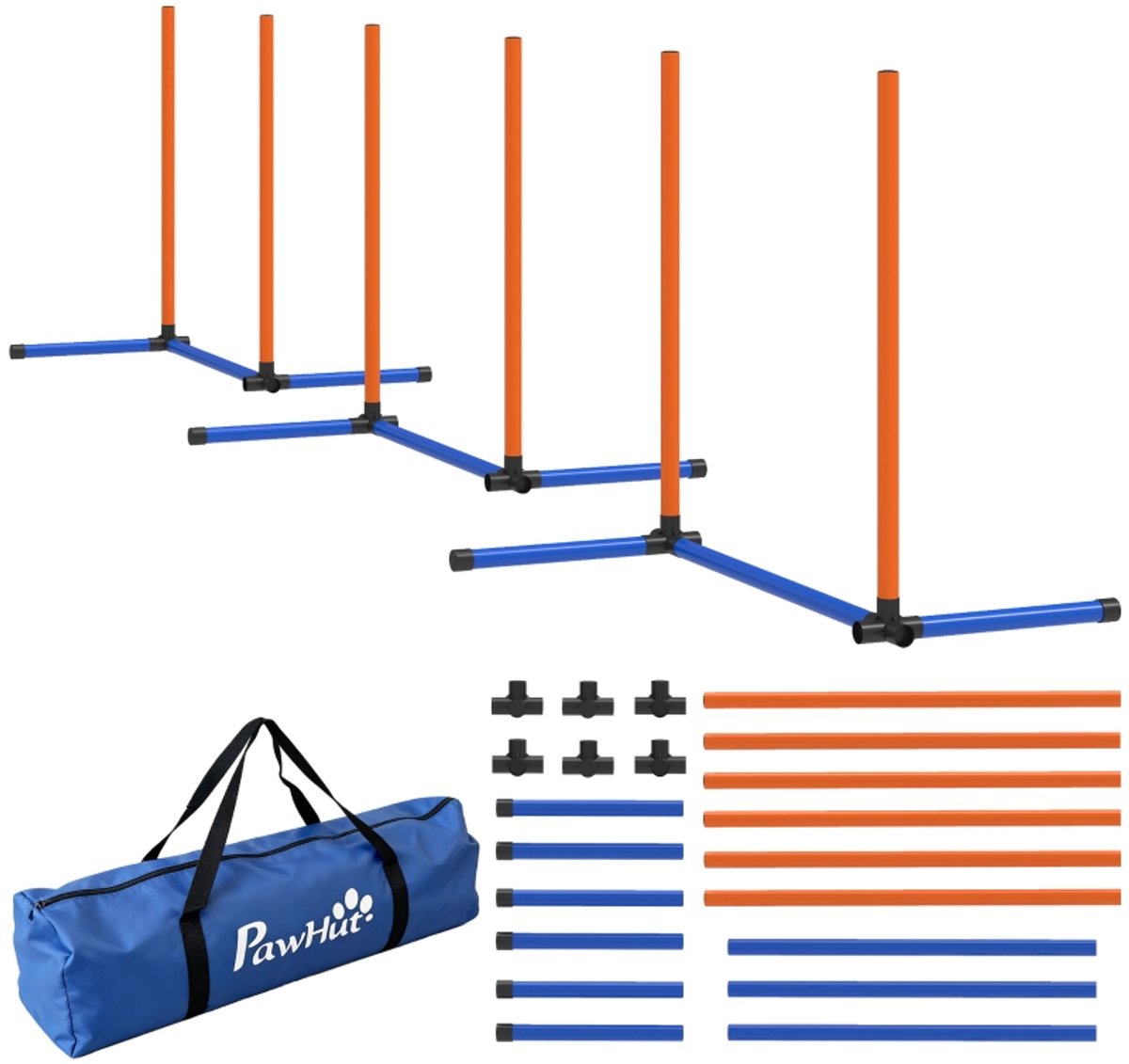 Behendigheidstrainingsset 65x64x69 cm Oranje plastic hondenpaal trainingshulpmiddel met opbergtas, stevig en duurzaam, praktisch en mooi, gemakkelijk op te bergen, geschikt voor gebruik in de tuin, buiten en binnen, voor honden.