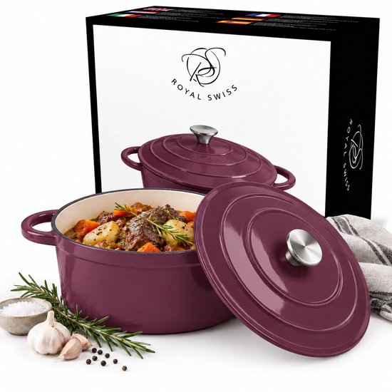 Royal Swiss® braadpan 22 cm–gietijzeren pan–Inductie Braadpan–Geëmailleerde Gietijzeren Stoofpan–Ovenbestendig Met Deksel Paars