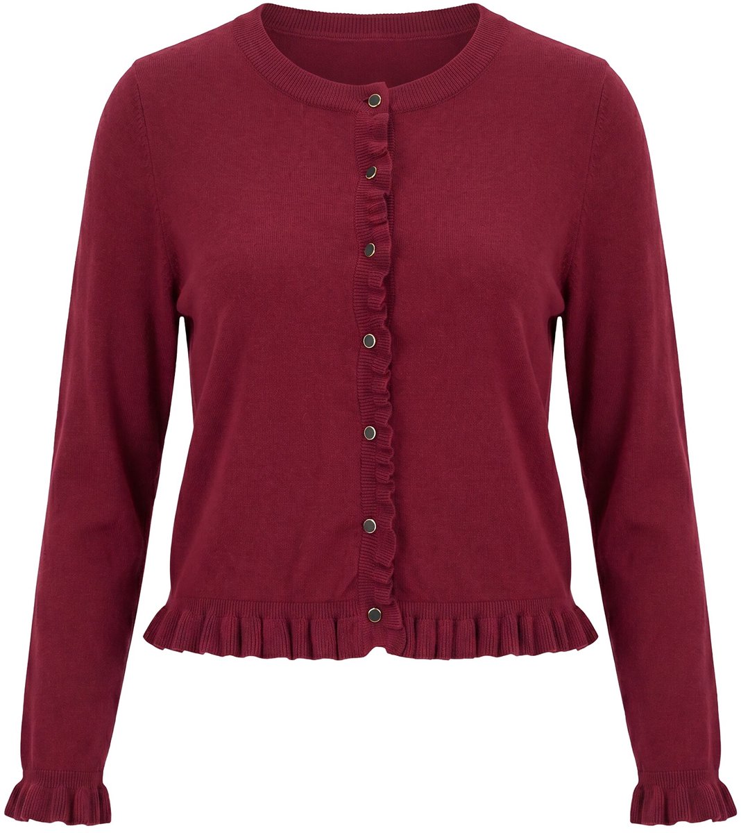 Ulla Popken - Dames - Vest volants knoopsluiting ronde hals lange mouwen - Donker wijnrood - Maat 46+