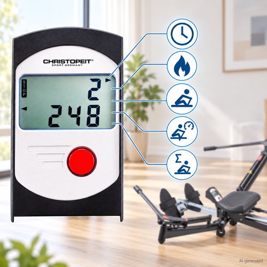 Digitaal display van de Christopeit roeitrainer met tijd, calorieën, slagen, en weerstandsniveau.