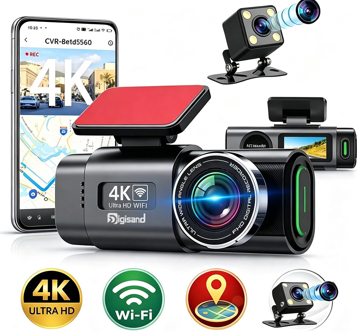 Digisand Dashcam Voor Auto - 128G 4K 2160P Ultra HD - Voor & Achter ultracompacte autocamera- Wifi & GPS - Nachtzicht - G-Sensor - Met Parkeerbewaking - Met App