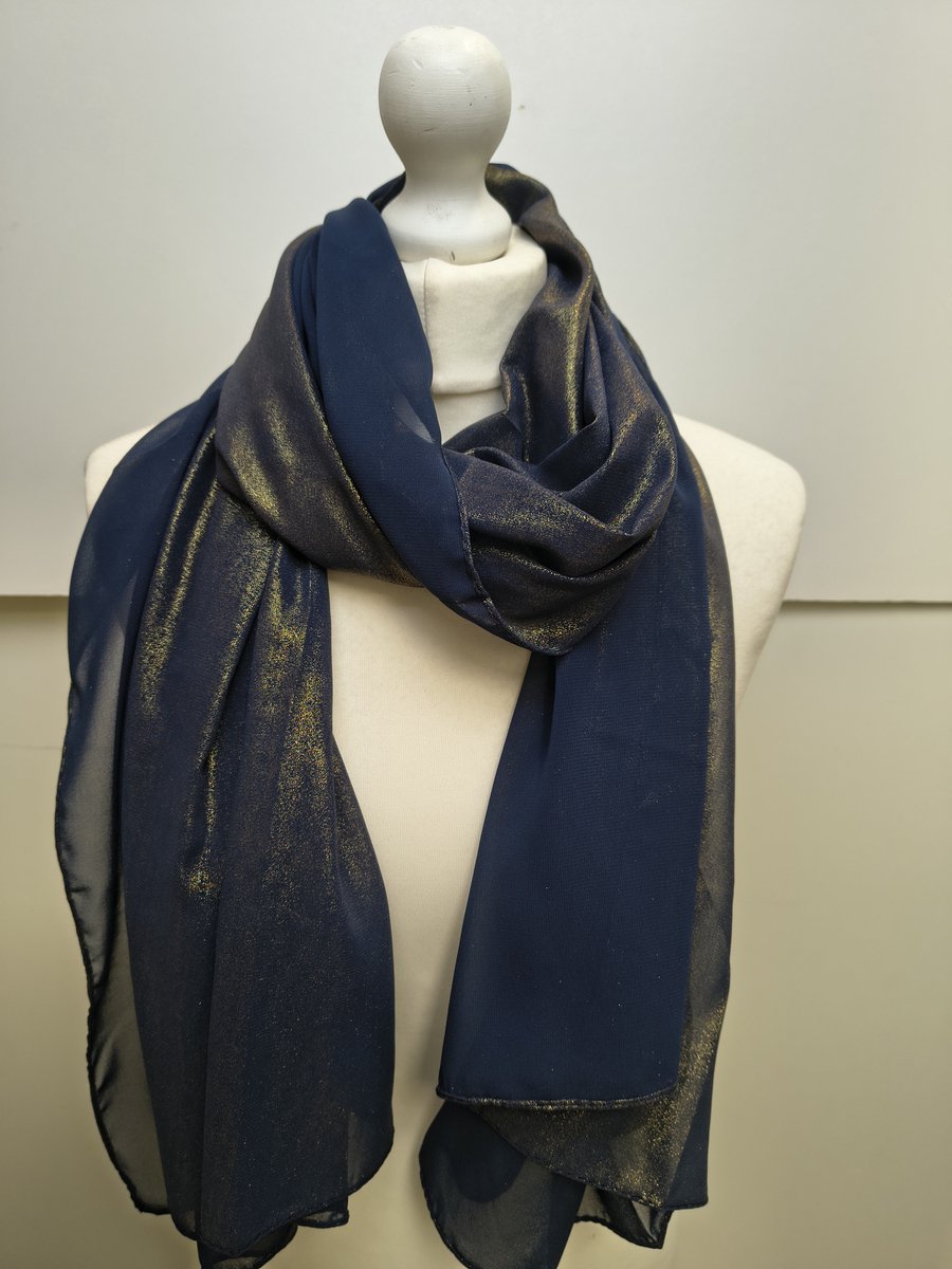 Lange glanzende dames sjaal Bridget-effen marine blauw goud-stola-omslagdoek
