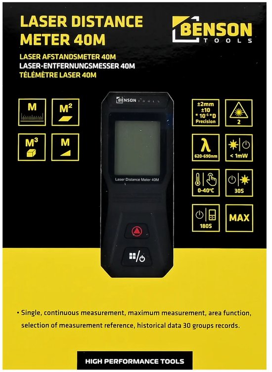 Promotionele afbeelding van Benson laser afstandsmeter 40M met specificaties en functies.