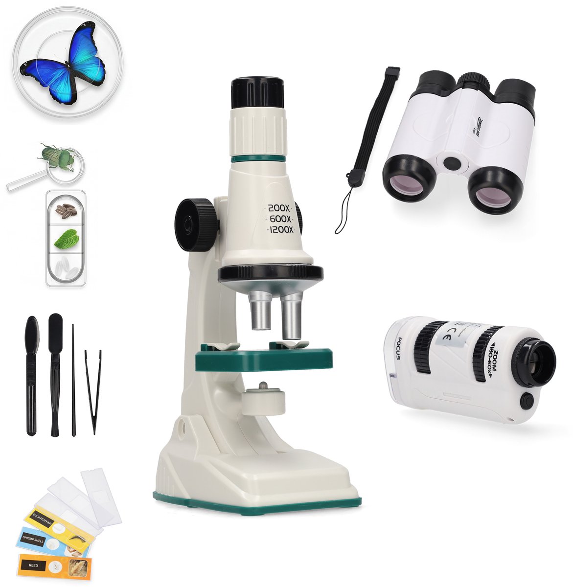 Silvergear® Microscoop voor Kinderen Set 3 in 1 - tot 1200x Vergroten - Tafelmicroscoop - Draagbare Microscoop - Verrekijker - incl. Accessoires - Educatief Speelgoed - Cadeau Jongens en Meisjes - 6, 7, 8, 9, 10, 11, 12, 13, 14, 15, 16+ Jaar - Wit