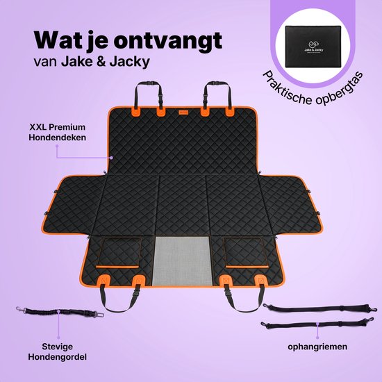 Couverture pour chien noire dépliée avec bordure orange, incluant une ceinture pour chien et des sangles de suspension. Sac de rangement Jake & Jacky montré.