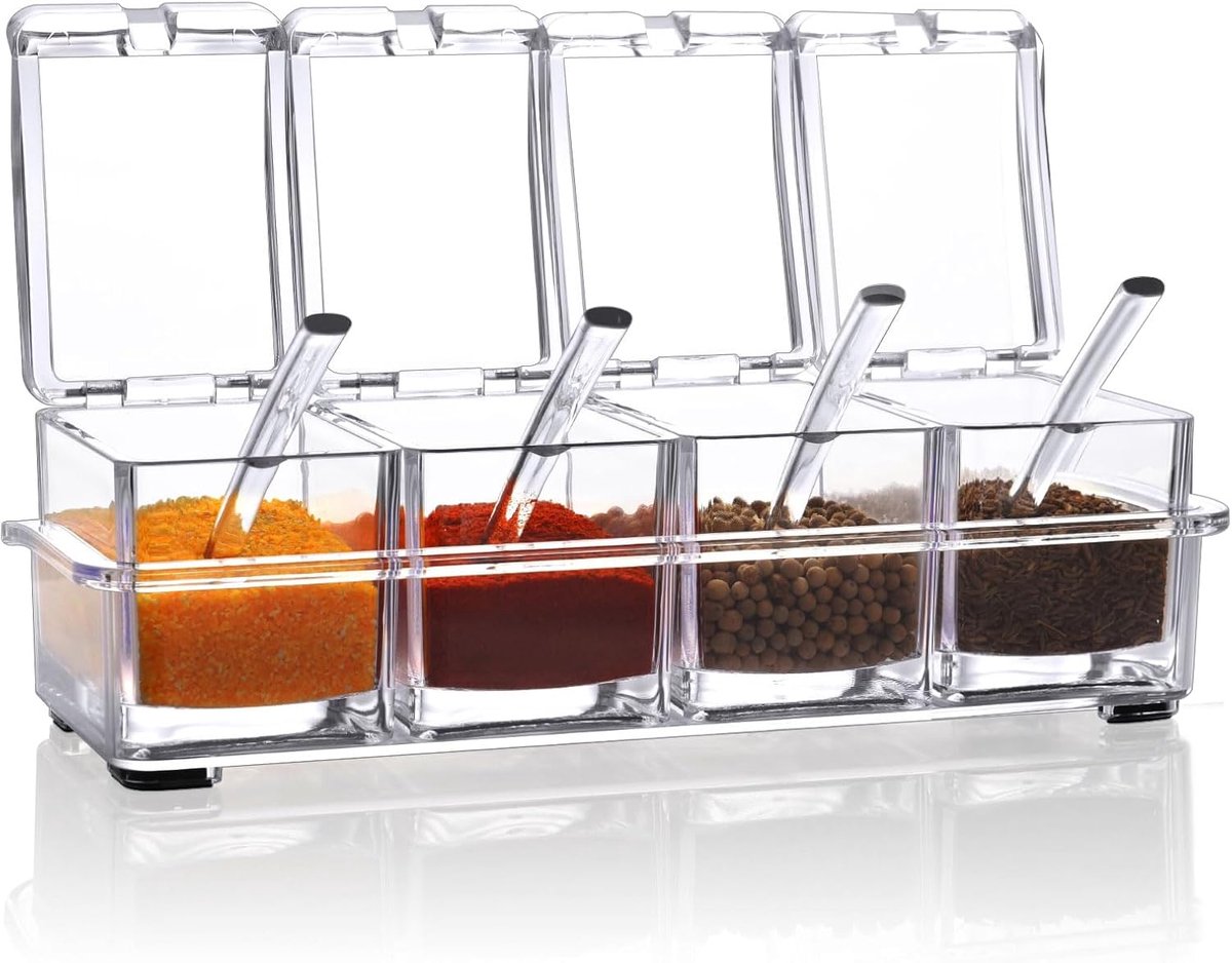 Kruidenboxset, 4 stuks, transparante flessen, zout, specerijen, keuken, specerijen, containeropbergpotten met 4 lepels met deksel en lepel