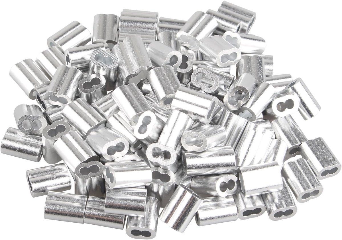 100 stks Aluminium Crimping Loop Mouw Clips met Dubbele Ferrules/Gaten voor 2.5mm Kabeldraad Touw Zilver Tone