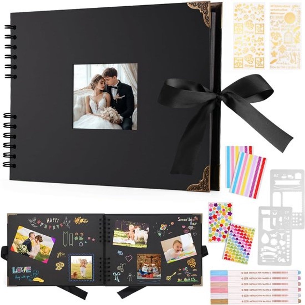 Photo Album 80 Pages - Zwart Scrapbooking Album - 29.5 x 21 cm - Scrapbookboek met 6 Metalen Pennen - Voor 160 Foto’s - Gastenboek Verjaardag Bruiloft