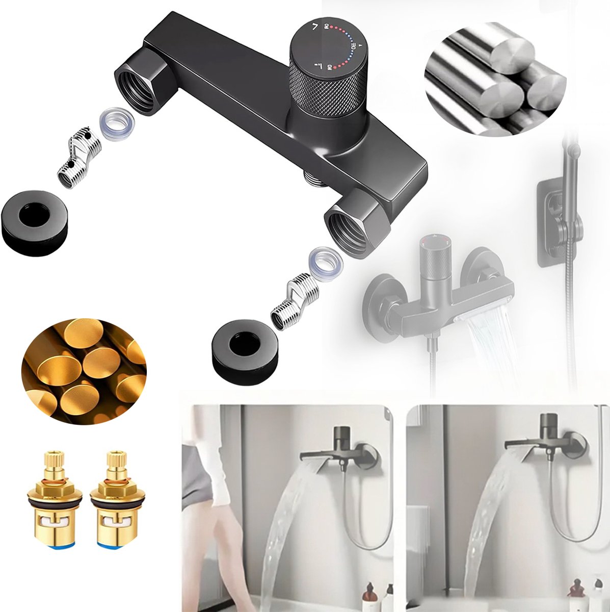 Thermostatische Douchekraan Met Stanguitlaat, Waterval Badkraan, Met Bedieningsschakelaar Voor Koud en Warm Water.