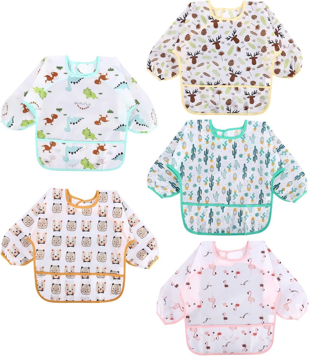 Slabbetjes met lange mouwen, set van 5 kleuren, waterdichte slabbetjes met zakken, lange slabbetjes voor baby's, uniseks, kinderen van 6 maanden tot 3 jaar, kinderen eten, schilderen en spelen