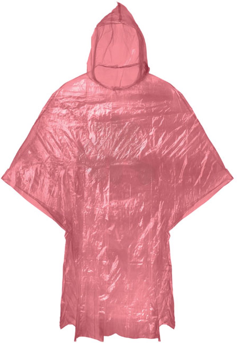 10 pack Opvouwbare kunststof poncho met capuchon, verpakt in een transparante polybag Rood