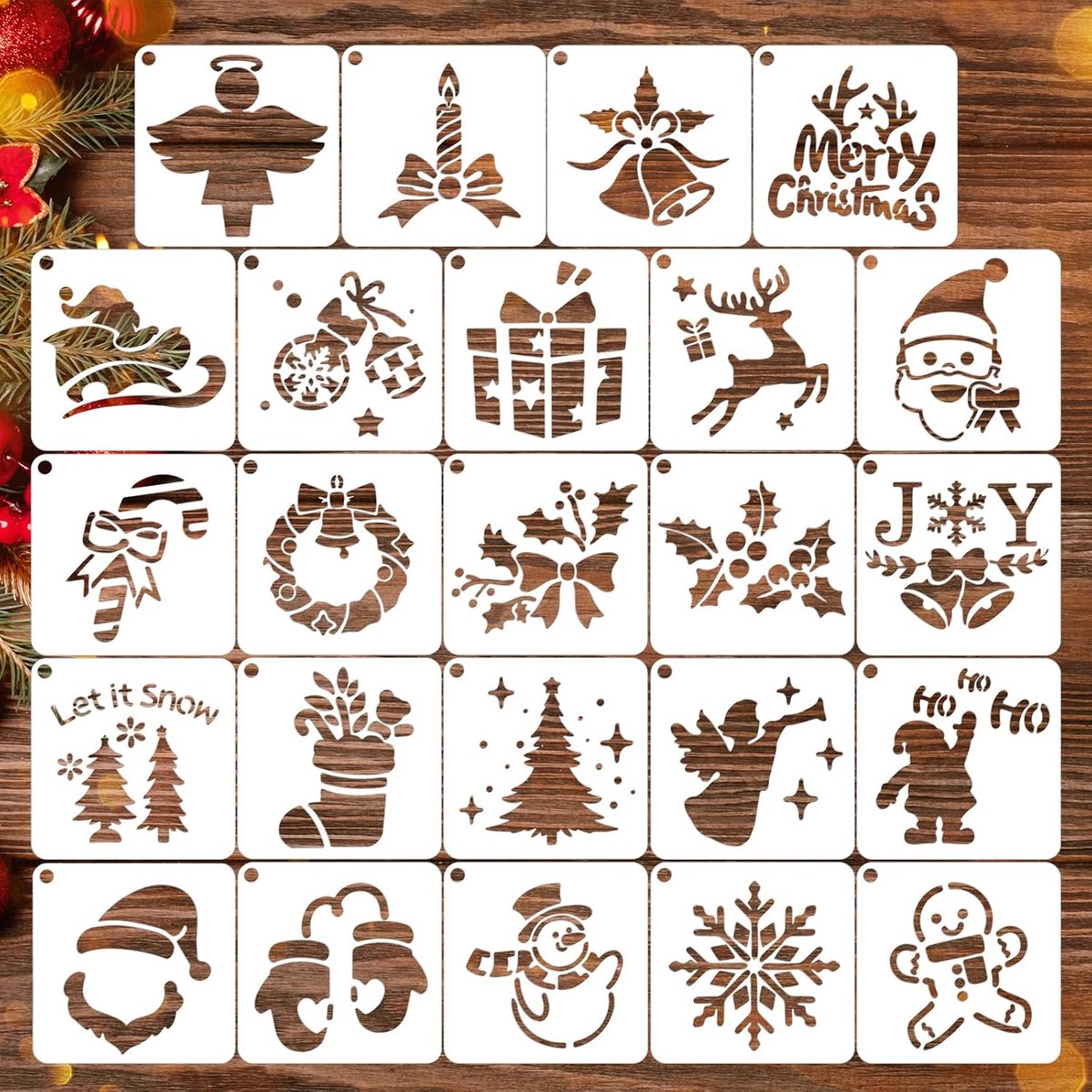 Sjablonen, herbruikbare sjablonen voor tekenen, kerstsjablonen met kerstboom, kerstman, sneeuwvlokken, sneeuwpop, handschoenen en rendiermotieven