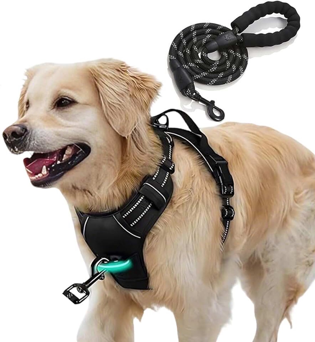 Tactisch hondenharnas, verstelbaar, pluizig gevoerd, voor middelgrote en grote honden, met reflecterende band, 1 handgreep en 3 D-ringen (zwart, maat M)